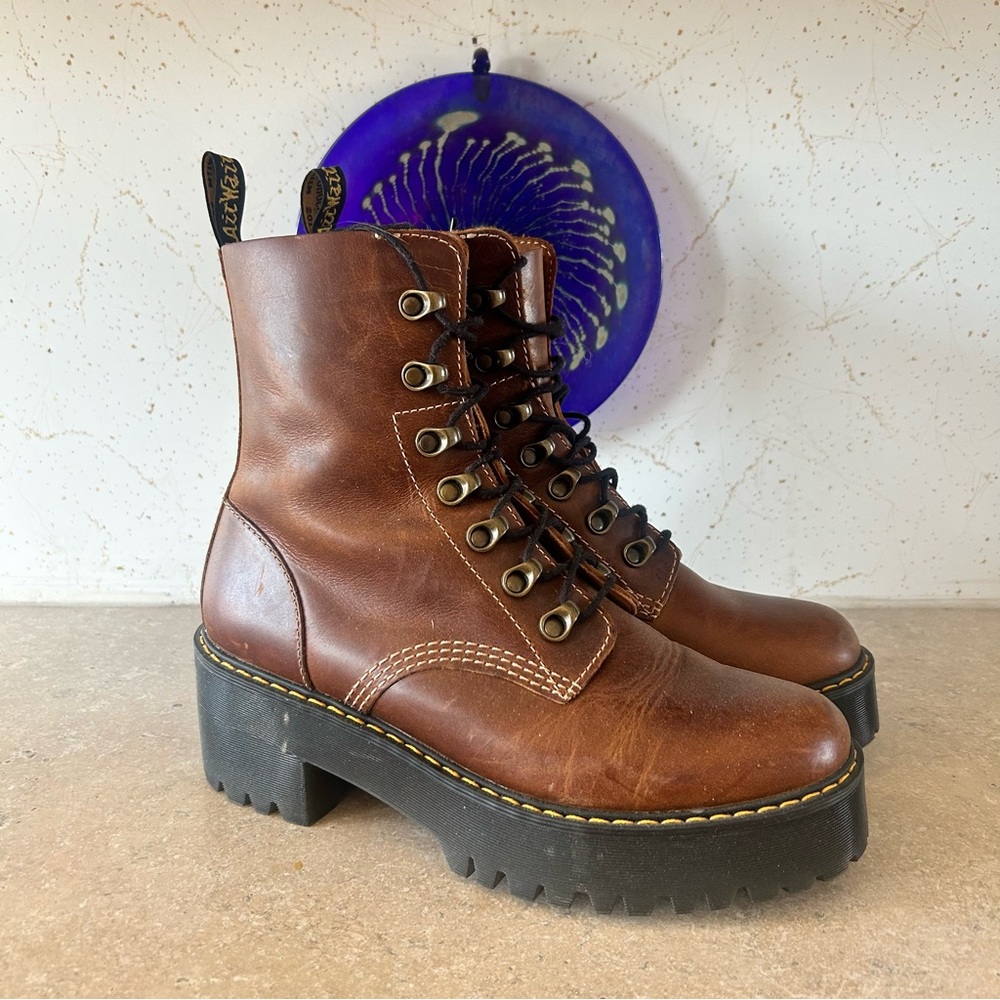 Dr. Martens Leona boots platform lace up brown leather boots